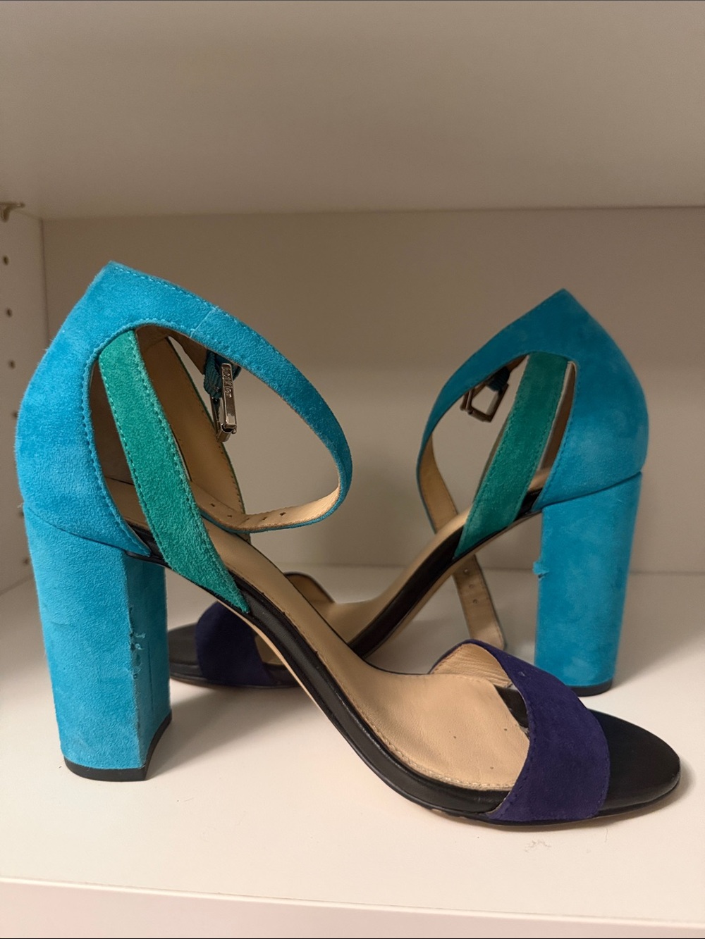 Botkier Turquoise, Teal & Navy Suede Block Heel Sandals